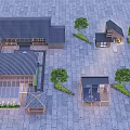 Traditional Detached Villas With Dark Roofs Glass Sections Stone Pavement And Trees