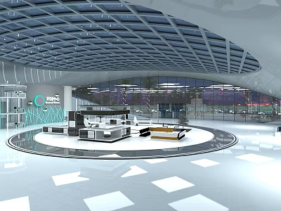 Modern Spacious Hall Interior Design With Curved Ceiling Circular Display And Bright Square Flooring 3d model