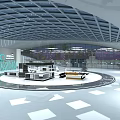 Modern Spacious Hall Interior Design With Curved Ceiling Circular Display And Bright Square Flooring 3d model
