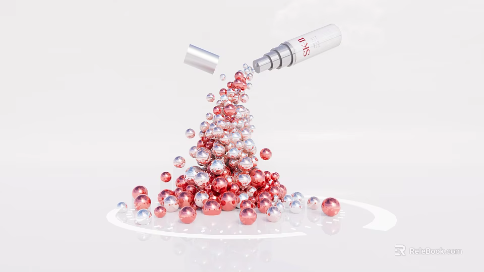 Visual Art Installation With Dropper Bottle Piled Shiny Red And Silver Spheres 3d model