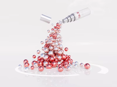 Visual Art Installation With Dropper Bottle Piled Shiny Red And Silver Spheres 3d model