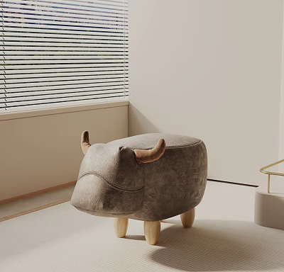 Bull Shaped Gray Velvet Upholstered Side Table With Wooden Legs In Modern Room 3d model