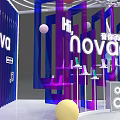 NotiNOVA Display Booth With Musical Notes Purple Blue Striped Background Circular Decorative Balls And Speakers