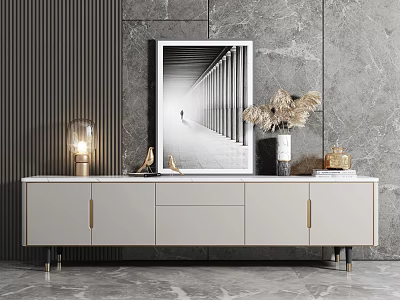 Modern White TV Stand With Metal Legs Wall Art Decorative Plants And Lamp 3d model