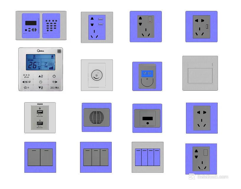 Various Types of Modern Switch Panels with Temperature Display and Purple Border Design 3d model 