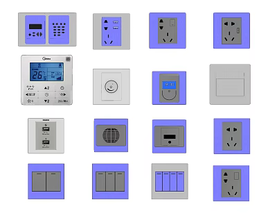 Various Types of Modern Switch Panels with Temperature Display and Purple Border Design 3d model