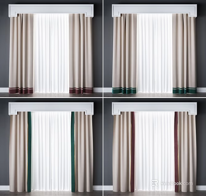 Beige Curtains With Dark Red Dark Green Decorative Borders And White Valance 3d model 