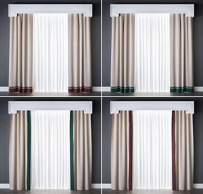 Beige Curtains With Dark Red Dark Green Decorative Borders And White Valance 3d model