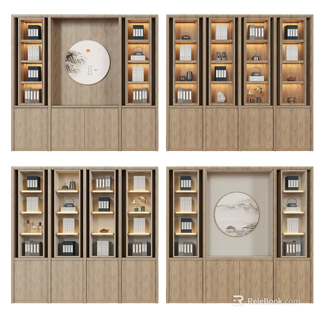 Chinese Style Wooden Bookcase With Open Shelves Books Decorations And Circular Artwork 3d model 