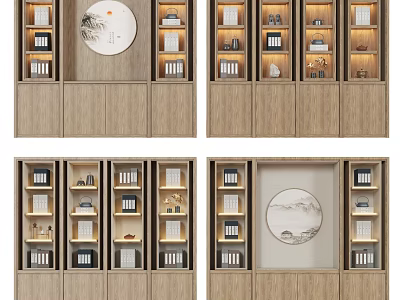Chinese Style Wooden Bookcase With Open Shelves Books Decorations And Circular Artwork 3d model