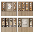 Chinese Style Wooden Bookcase With Open Shelves Books Decorations And Circular Artwork
