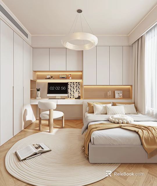 Minimalist Tatami Bedroom Interior With Tatami Bed Built in Cabinets And Wooden Floor 3d model 