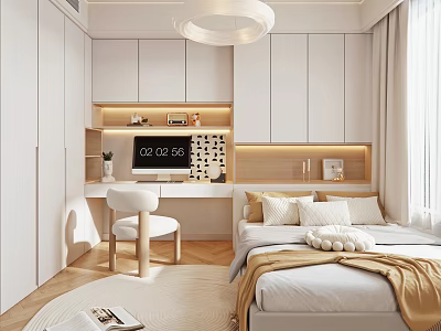 Minimalist Tatami Bedroom Interior With Tatami Bed Built in Cabinets And Wooden Floor 3d model