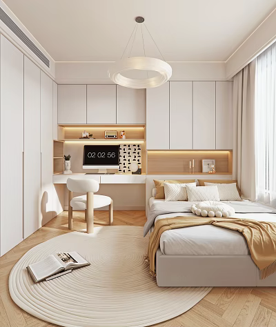 Minimalist Tatami Bedroom Interior With Tatami Bed Built in Cabinets And Wooden Floor 3d model
