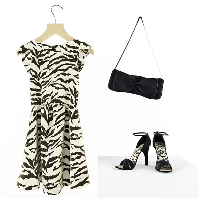 Stylish Zebra Print Dress with Black Handbag and Matching High Heels 3d model