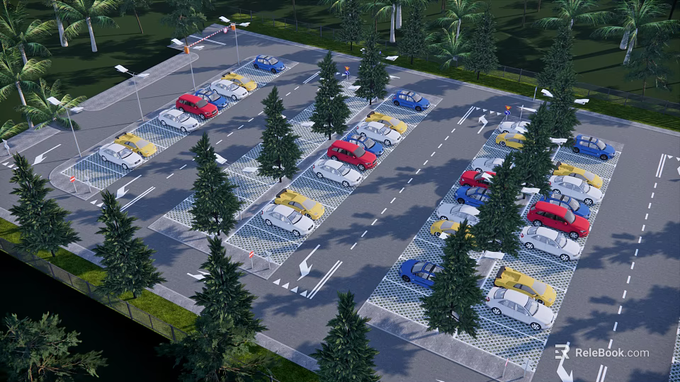 Eco Friendly Parking Lot Design With Lush Trees And Parked Cars 3d model 