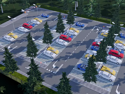 Eco Friendly Parking Lot Design With Lush Trees And Parked Cars 3d model