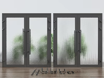 Modern Double Doors With Black Frame Wavy Glass Panels And Metal Handles For Interior Space 3d model
