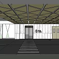 Modern Parking Garage with Geometric Ceiling Structure Marble Walls Floor Crosswalk and Doors