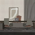 Modern Office Desk In Neutral Tones With Two Chairs Laptop Abstract Painting And Floor Lamp
