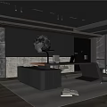 Modern Stylish Office Interior With Black Desk Moon Decoration Wooden Flooring And Bookshelves