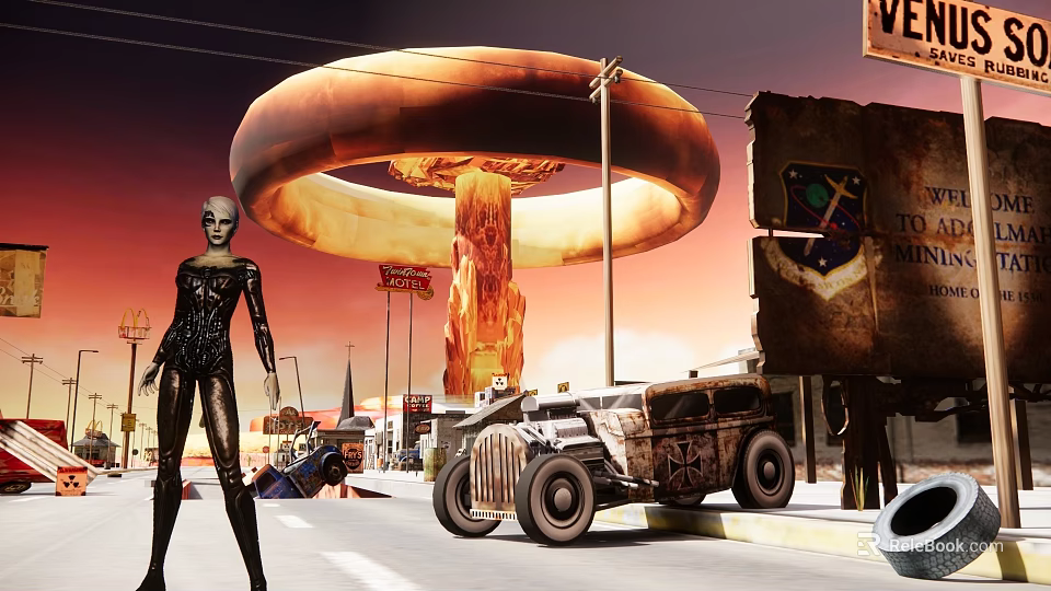 Futuristic Female Game Character In Post Apocalyptic Town With Giant Ring Structure And Rusted Car 3d model 