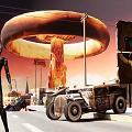 Futuristic Female Game Character In Post Apocalyptic Town With Giant Ring Structure And Rusted Car