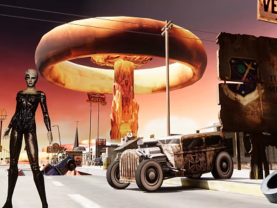 Futuristic Female Game Character In Post Apocalyptic Town With Giant Ring Structure And Rusted Car 3d model
