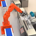 Advanced Industrial Equipment Featuring Orange Robotic Arms Automated Production Line And Blue Workbenches