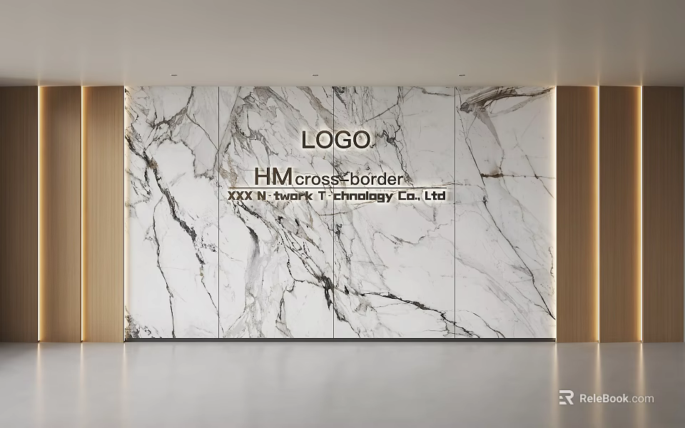 Modern Office Reception Marble Background Wall With Company Logo And Text 3d model 