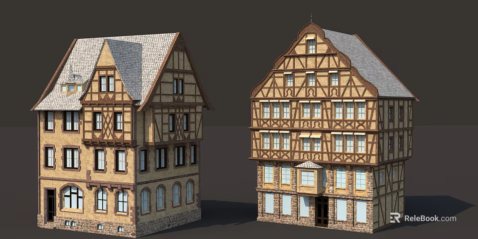 Traditional European Half Timbered Buildings With Gray Roofs And Stone Brick Walls 3d model 
