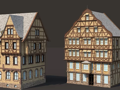 Traditional European Half Timbered Buildings With Gray Roofs And Stone Brick Walls 3d model