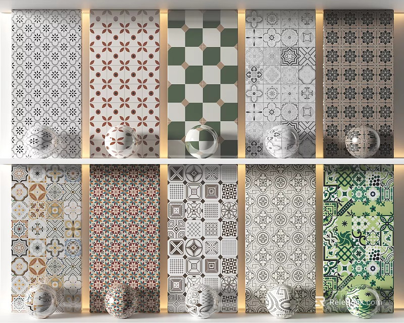 Various Patterned Floor Tiles With Different Colors Design Samples On 3d model 