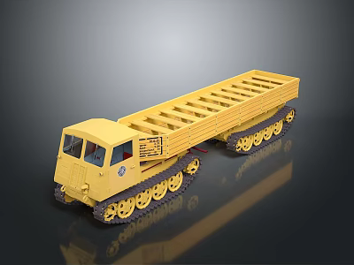 Yellow Tracked Truck Model With Long Flatbed And Metal Tracks 3d model