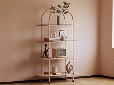 Minimalist Wooden Shelf Unit with Plants Books and Decorative Storage 3d model