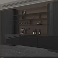 Modern Dark Wood Sideboard With Open Shelves Wine Bottles And Coffee Machine