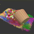 Chicken Eggs White And Orange Scattered From Golden Woven Basket On Straw Mat