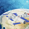 Cartoon Space Station With Blue Solar Panels Orbiting Earth In Starry Outer Space