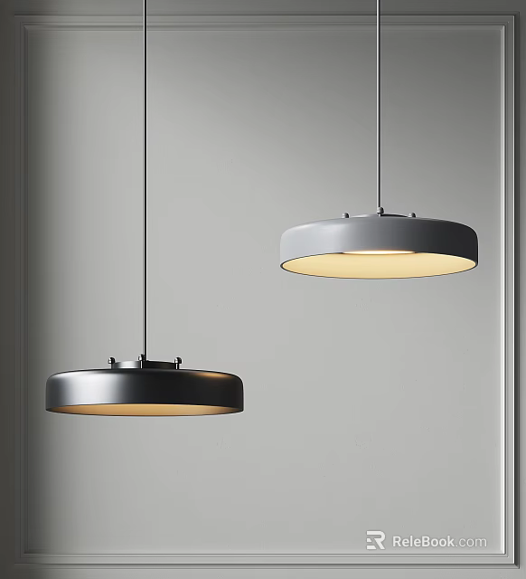 Modern Circular Pendant Lights Hanging In Gray Interior With Warm Glow 3d model