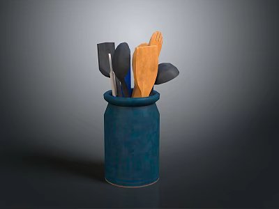 Blue Ceramic Jar With Various Kitchen Utensils Including Black And Wooden Tools 3d model