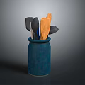 Blue Ceramic Jar With Various Kitchen Utensils Including Black And Wooden Tools