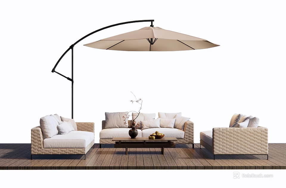 Outdoor Sofa Set With Curved Umbrella And Coffee Table For Patio Relaxation 3d model 