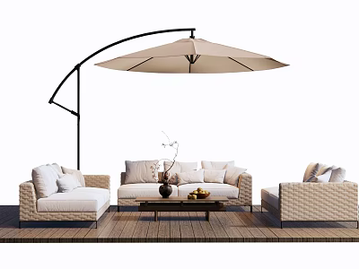 Outdoor Sofa Set With Curved Umbrella And Coffee Table For Patio Relaxation 3d model