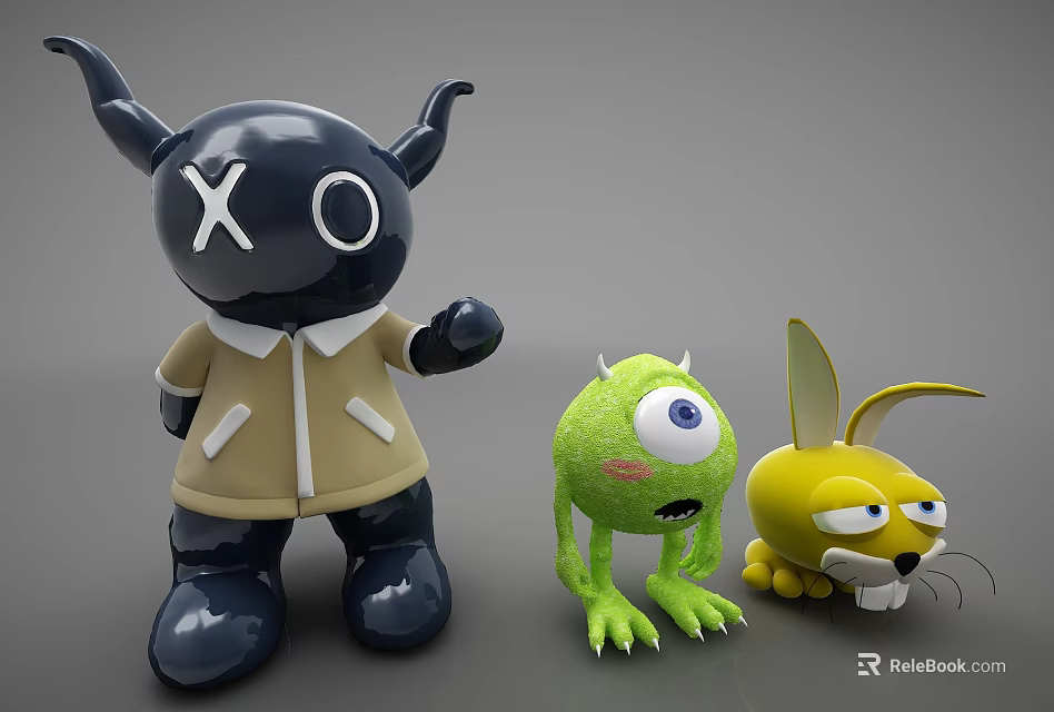 Black Horned Doll With XO Eyes Green One Eyed Monster And Yellow Rabbit Like Dolls 3d model 