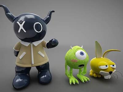 Black Horned Doll With XO Eyes Green One Eyed Monster And Yellow Rabbit Like Dolls 3d model