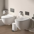 Modern Wall Mounted Toilets In Bathroom With Toilet Paper Holders Bidet Spray And Trash Bins