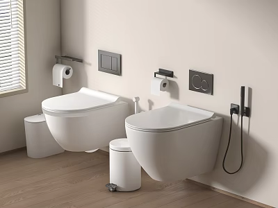 Modern Wall Mounted Toilets In Bathroom With Toilet Paper Holders Bidet Spray And Trash Bins 3d model