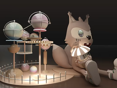 Playful Cartoon Squirrel Near Carousel Like Structure With Spheres Lights And Railing 3d model
