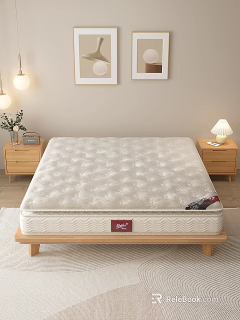 Comfortable Mattress on Wooden Bed Frame with Bedside Tables Table Lamp and Framed 3d model 
