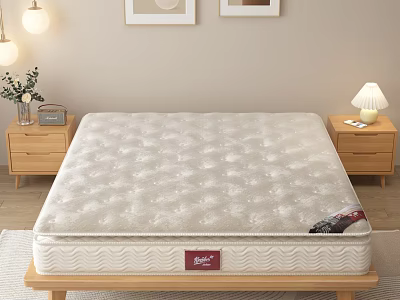 Comfortable Mattress on Wooden Bed Frame with Bedside Tables Table Lamp and Framed 3d model